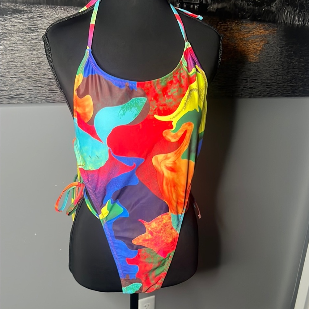 Private Label Red and Blue One-Piece Swimsuit with Artistic Pattern